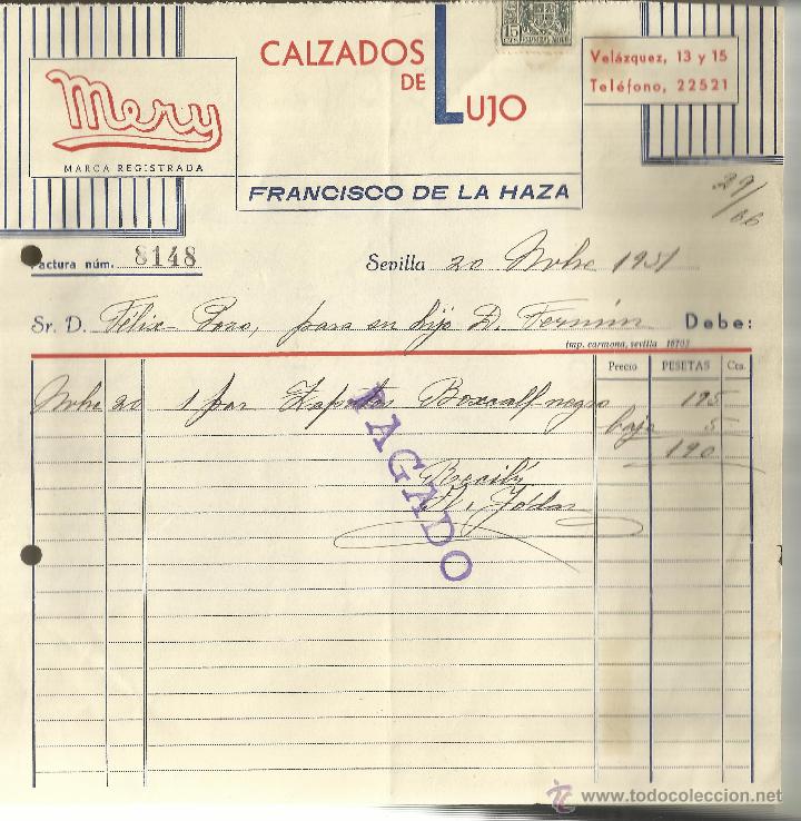 Fatture antiche: FACTURA DE FRANCISCO DE LA HAZA. CALZADOS MERY. SEVILLA. 1951
