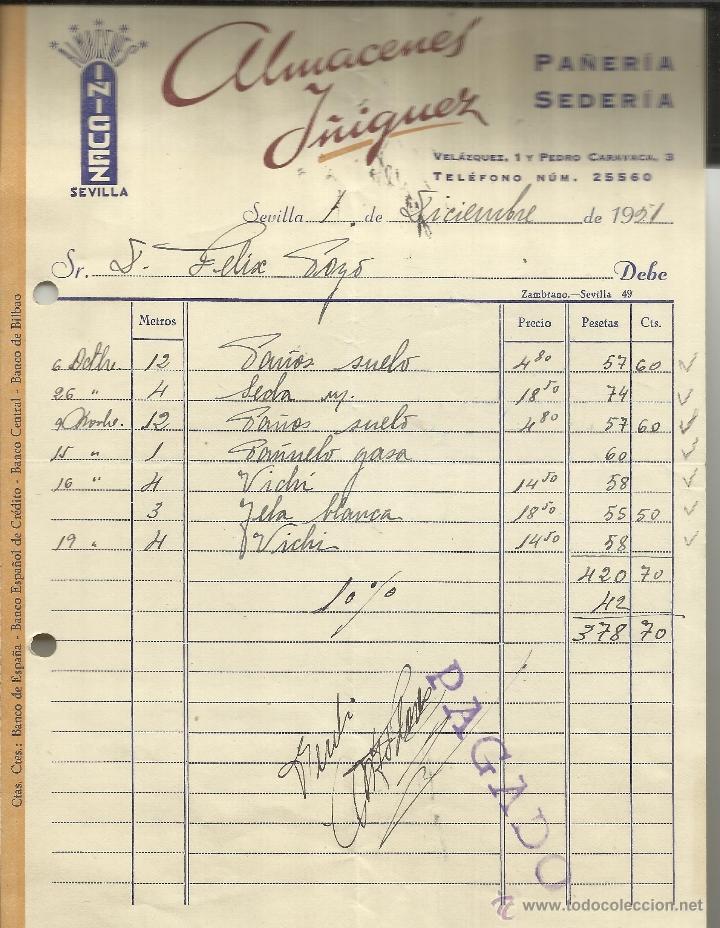 Fatture antiche: FACTURA DE ALMACENES I&Ntilde;IGUEZ. PA&Ntilde;ER&Iacute;A. SEDER&Iacute;A. SEVILLA. 1951