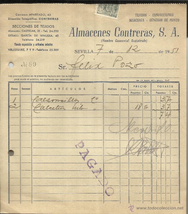 Fatture antiche: FACTURA DE ALMACENES CONTRERAS S.A. TEJIDOS, CONFECCIONES. SEVILLA. 1951