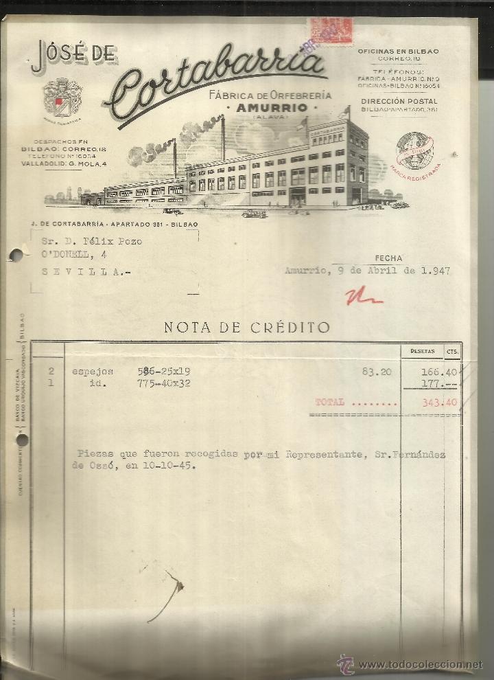 Fatture antiche: FACTURA DE JOS&Eacute; DE CORTABARR&Iacute;A. F&Aacute;BRICA DE ORFEBRER&Iacute;A. AMURRIO. &Aacute;LAVA. 1947