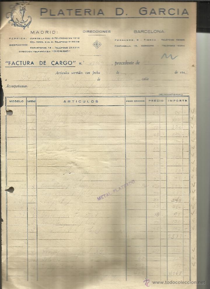 Fatture antiche: FACTURA DE PLATER&Iacute;A D. GARC&Iacute;A. MADRID. BARCELONA. 1948