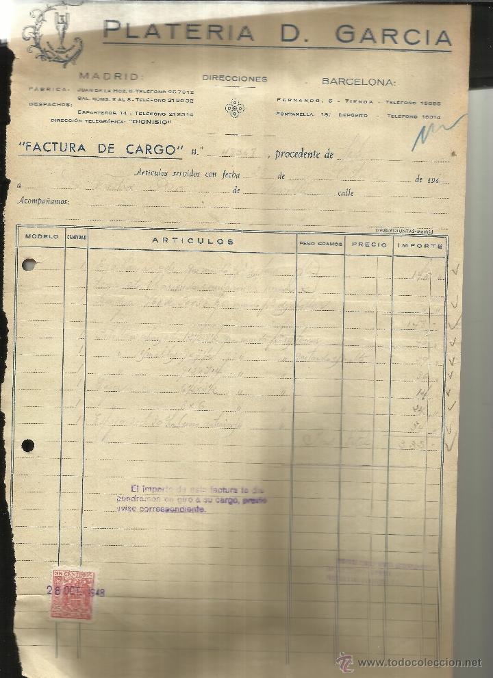 Fatture antiche: FACTURA DE PLATER&Iacute;A D. GARC&Iacute;A. MADRID. BARCELONA. 1948