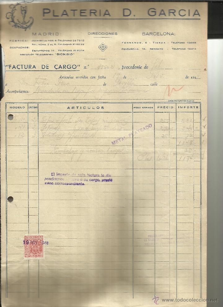 Fatture antiche: FACTURA DE PLATER&Iacute;A D. GARC&Iacute;A. MADRID. BARCELONA. 1948