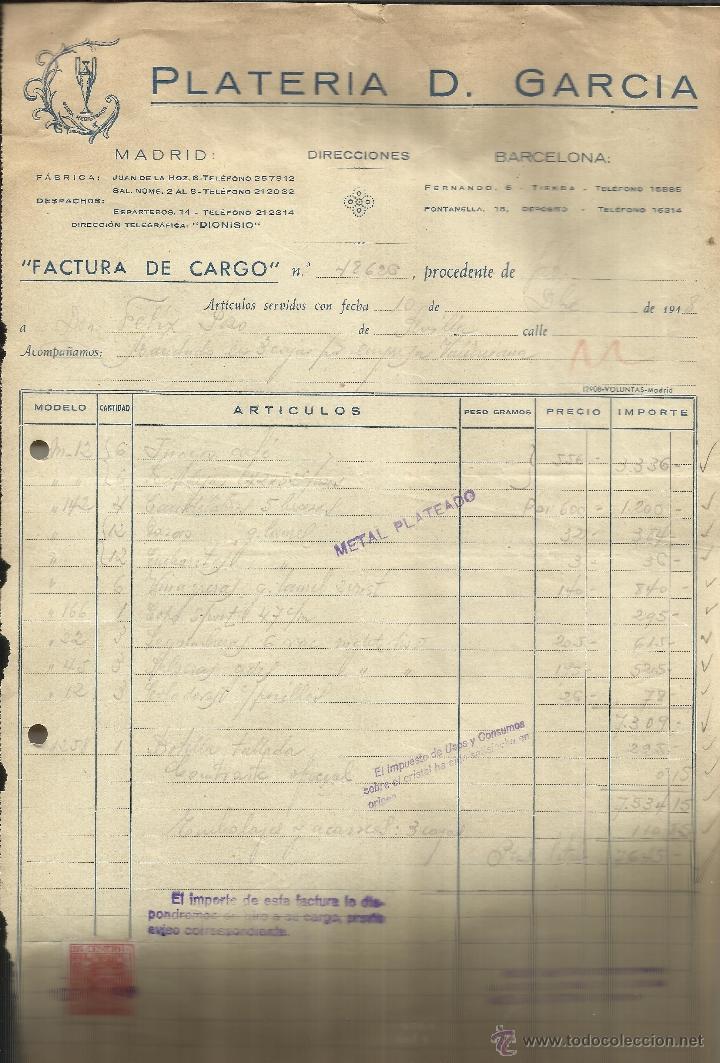 Fatture antiche: FACTURA DE PLATER&Iacute;A D. GARC&Iacute;A. MADRID. BARCELONA. 1948