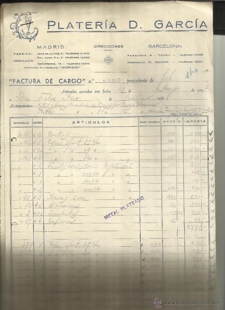 Fatture antiche: FACTURA DE PLATER&Iacute;A D. GARC&Iacute;A. MADRID. BARCELONA. 1947 . 2 HOJAS