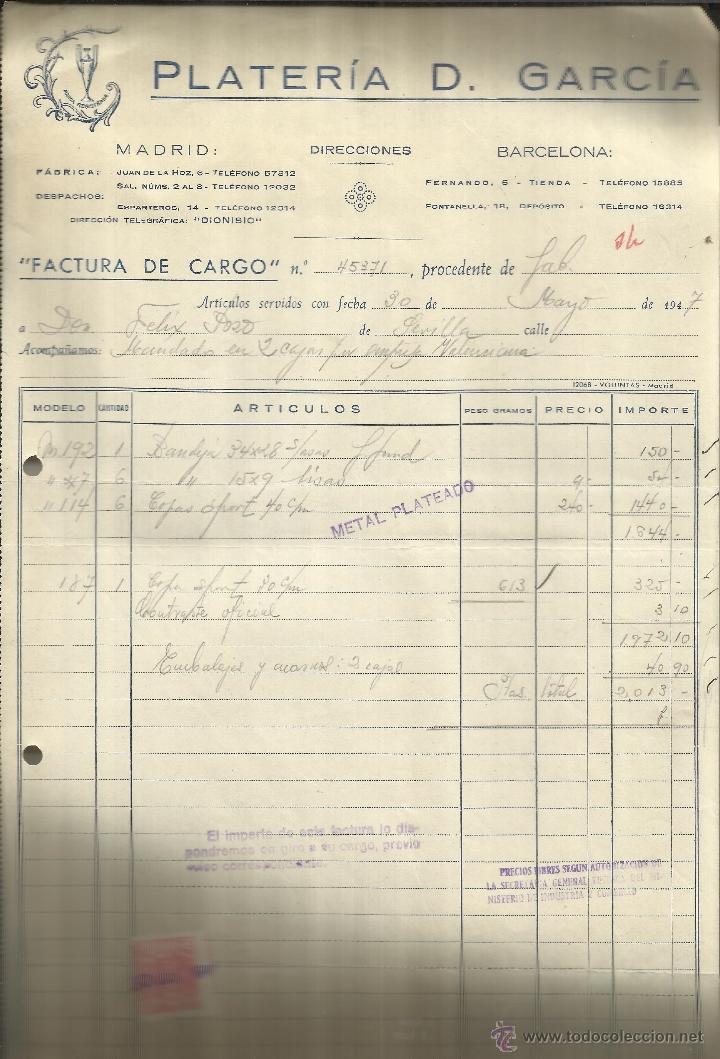 Fatture antiche: FACTURA DE PLATER&Iacute;A D. GARC&Iacute;A. MADRID. BARCELONA. 1947.