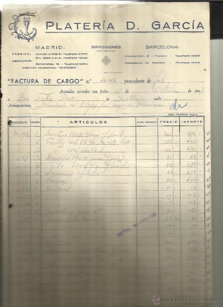 Fatture antiche: FACTURA DE PLATER&Iacute;A D. GARC&Iacute;A. MADRID. BARCELONA. 1947