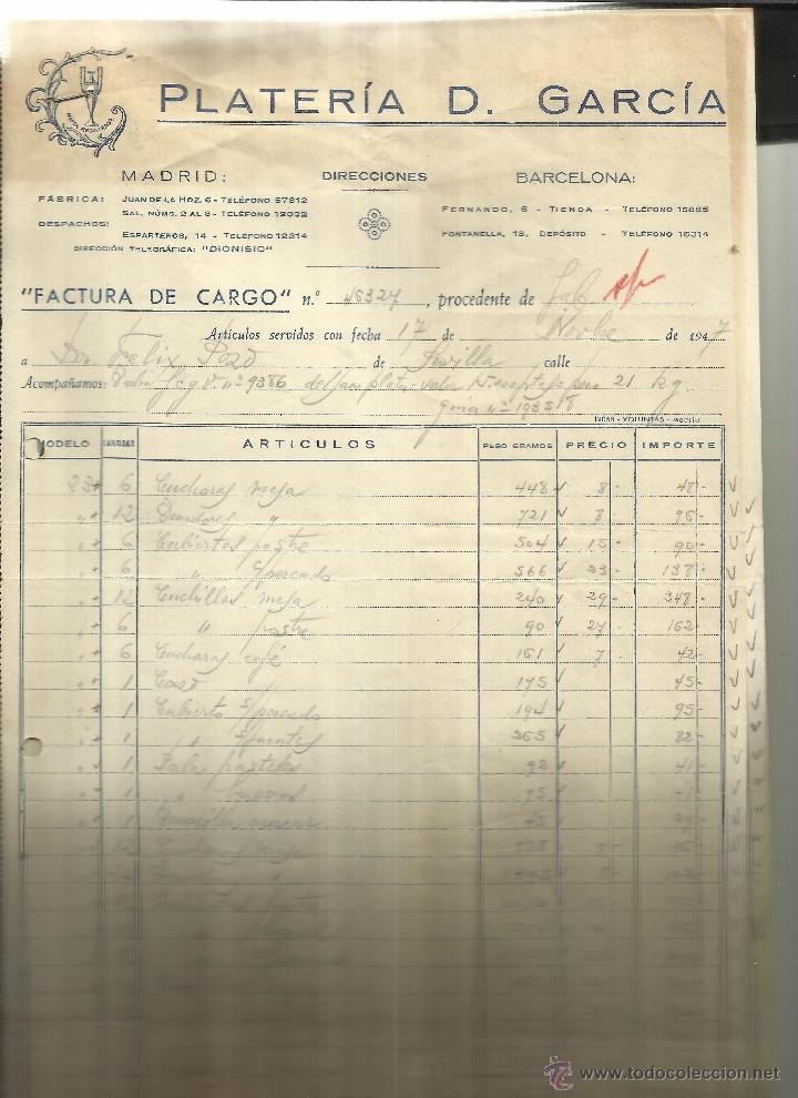 Fatture antiche: FACTURA DE PLATER&Iacute;A D. GARC&Iacute;A. MADRID. BARCELONA. 1947