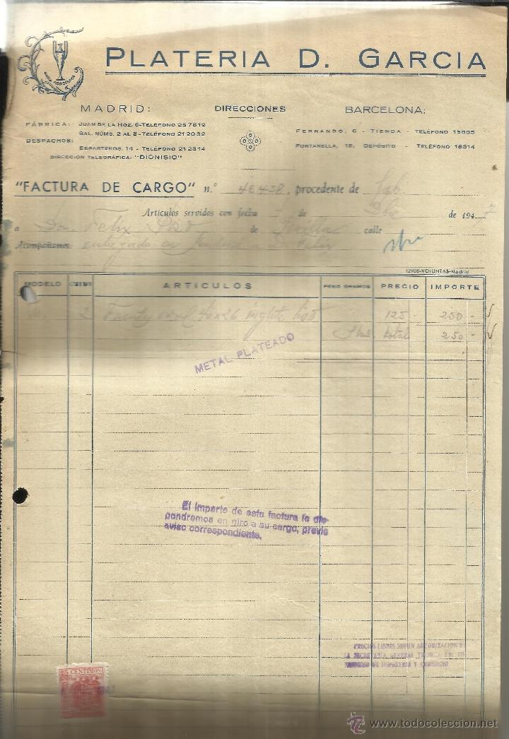 Alte Rechnungen: FACTURA DE PLATER&Iacute;A D. GARC&Iacute;A. MADRID. BARCELONA. 1947