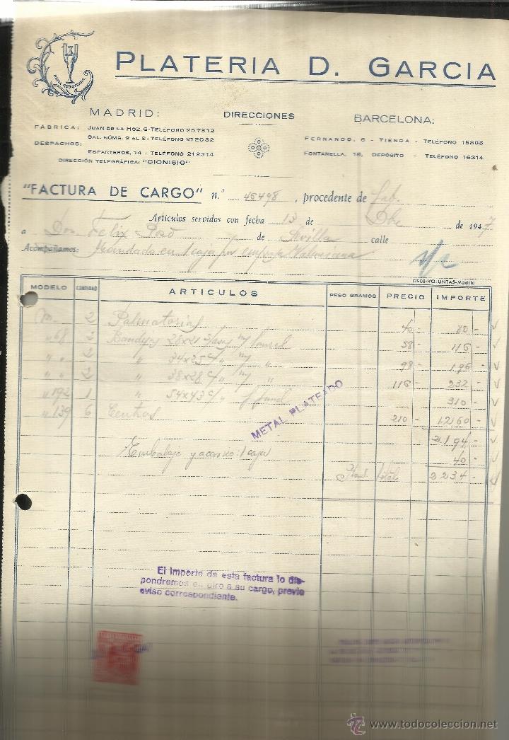 Alte Rechnungen: FACTURA DE PLATER&Iacute;A D. GARC&Iacute;A. MADRID. BARCELONA. 1947