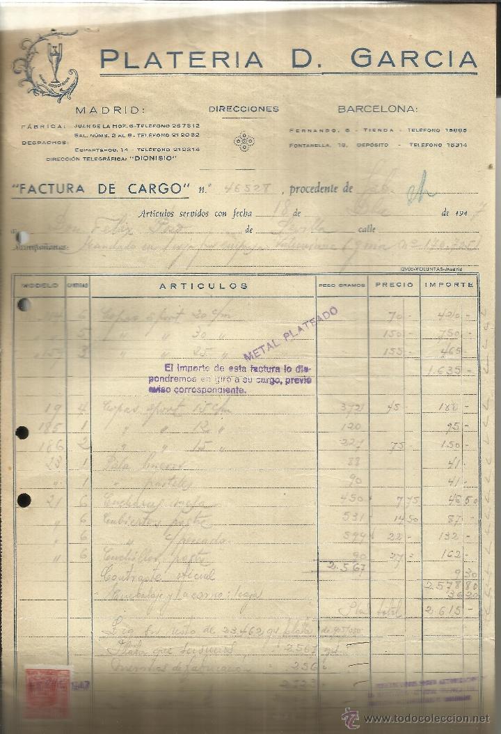 Alte Rechnungen: FACTURA DE PLATER&Iacute;A D. GARC&Iacute;A. MADRID. BARCELONA. 1947