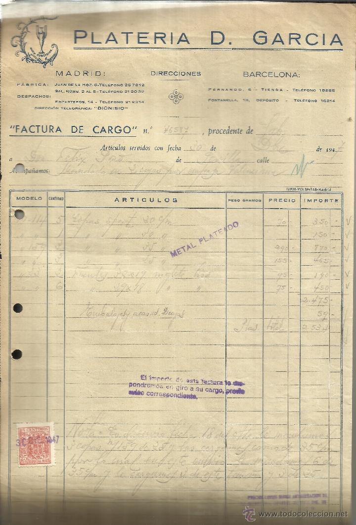 Alte Rechnungen: FACTURA DE PLATER&Iacute;A D. GARC&Iacute;A. MADRID. BARCELONA. 1947