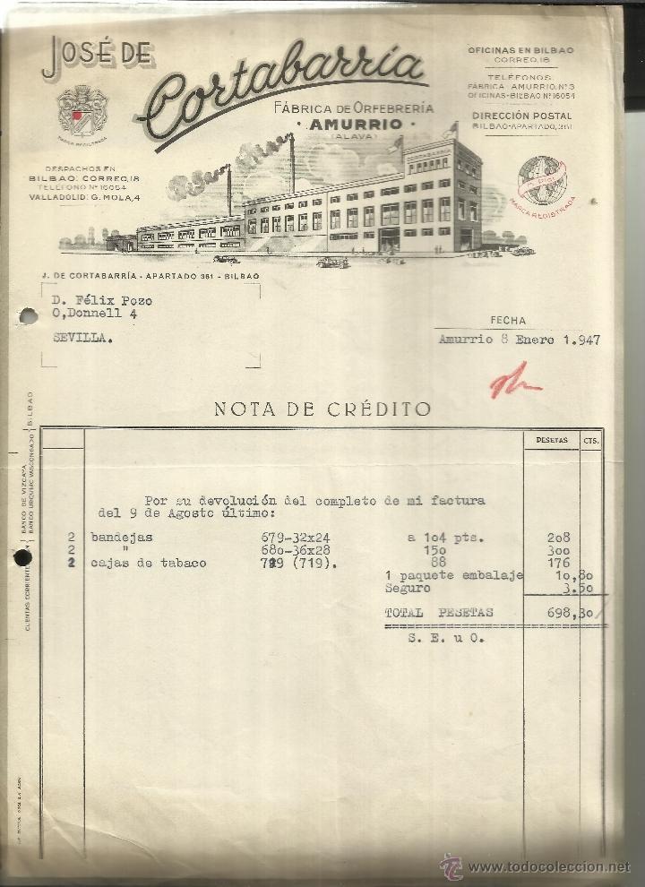 Alte Rechnungen: FACTURA JOS&Eacute; DE CORTABARR&Iacute;A. F&Aacute;BRICA DE ORFEBRER&Iacute;A. AMURRIO. &Aacute;LAVA. 1947