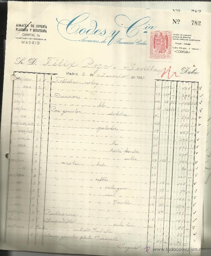 Alte Rechnungen: FACTURA DE CODES Y C&ordf;. SUCESORES DE FRANCISCO CODES. MADRID. 1947. 2 HOJAS