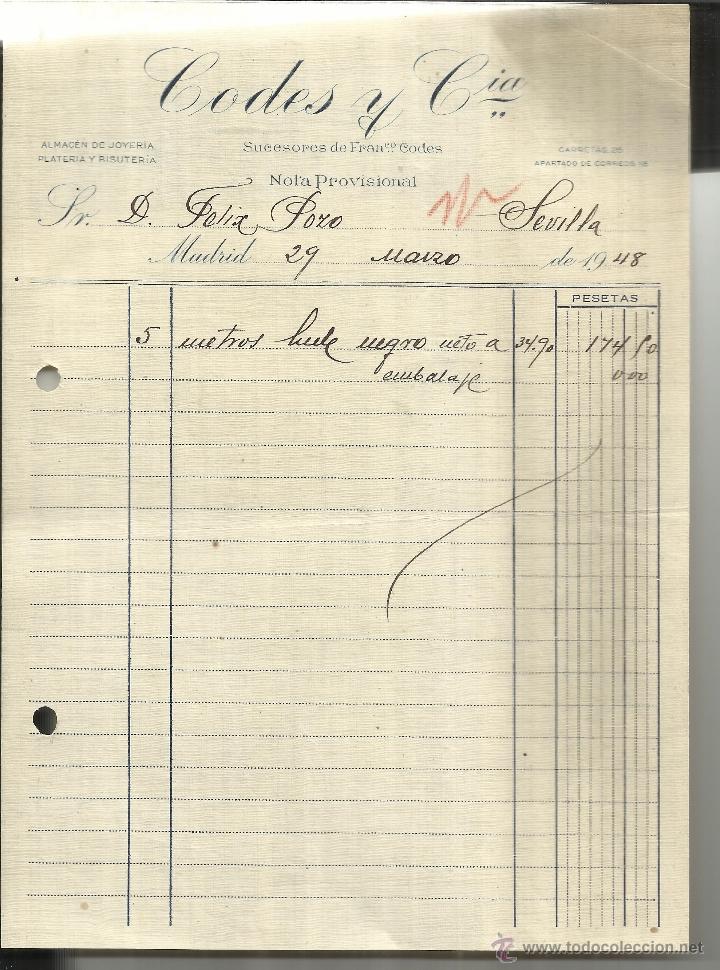 Alte Rechnungen: FACTURA DE CODES Y C&ordf;. SUCESORES DE FRANCISCO CODES. MADRID. 1947