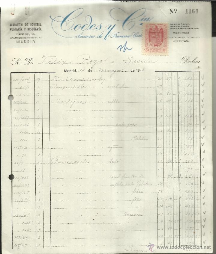 Alte Rechnungen: FACTURA DE CODES Y C&ordf;. SUCESORES DE FRANCISCO CODES. MADRID. 1947. 4 HOJAS