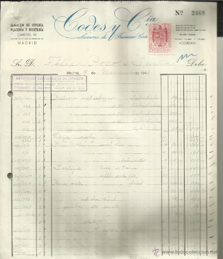 Alte Rechnungen: FACTURA DE CODES Y C&ordf;. SUCESORES DE FRANCISCO CODES. MADRID. 1947. 4 HOJAS