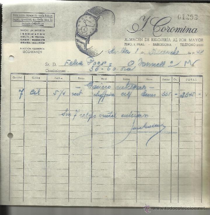 Alte Rechnungen: FACTURA DE J. COROMINA. ALMAC&Eacute;N DE RELOJER&Iacute;A AL POR MAYOR. BARCELONA. 1948