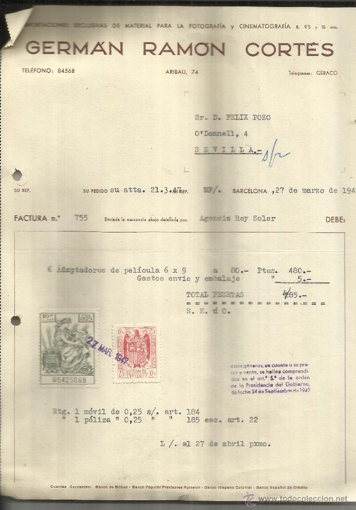 Alte Rechnungen: FACTURA DE GERM&Aacute;N RAM&Oacute;N CORT&Eacute;S. MATERIAL DE FOTOGRAF&Iacute;A Y CINEMATOGRAF&Iacute;A. BARCELONA. 1947