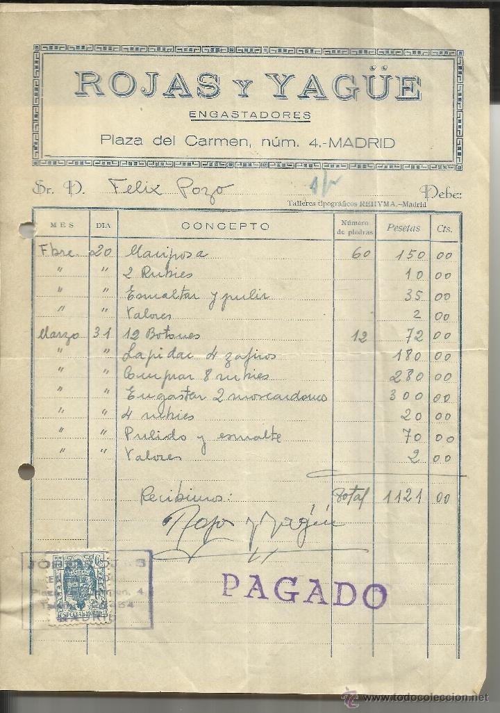 Alte Rechnungen: FACTURA DE ROJAS Y YAG&Uuml;E. ENGASTADORES. MADRID.
