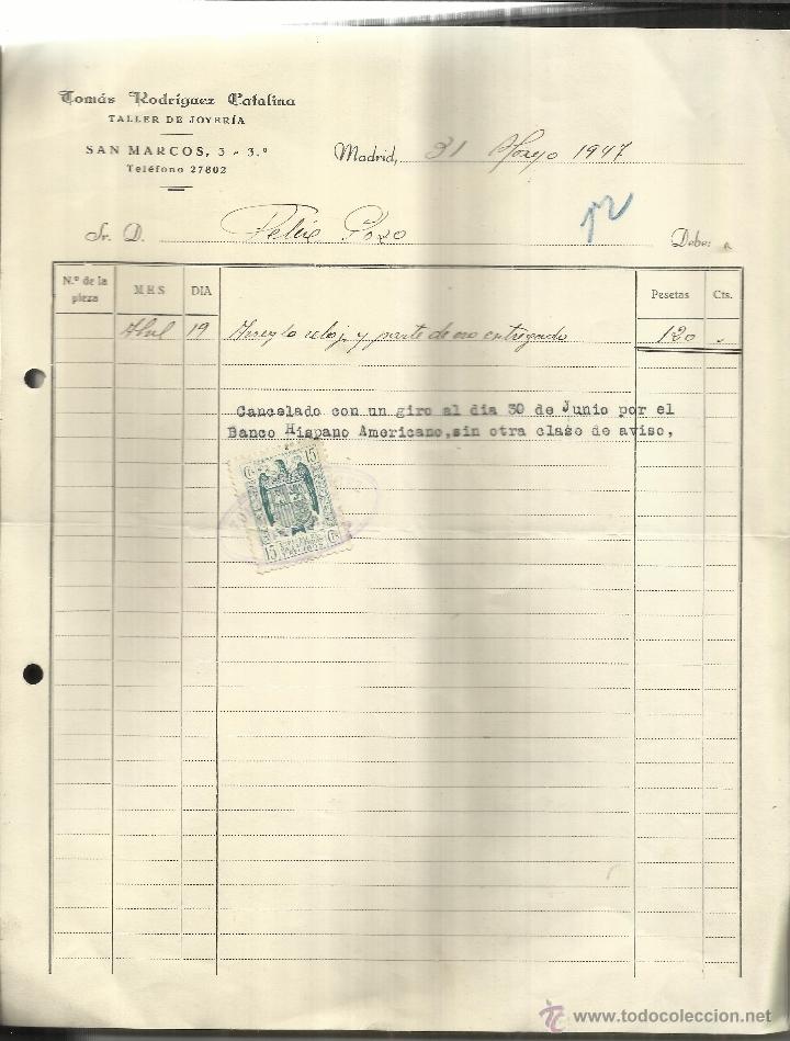 Alte Rechnungen: FACTURA DE TOM&Aacute;S RODR&Iacute;GUEZ CATALINA. TALLER DE JOYER&Iacute;A. MADRID. 1947