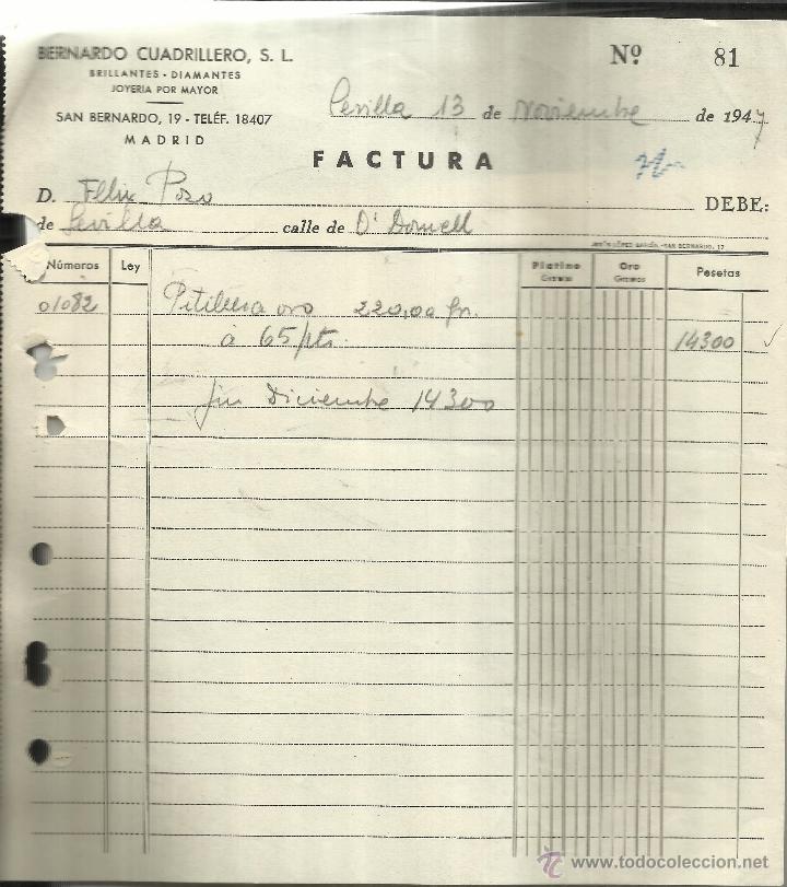 Alte Rechnungen: FACTURA DE BERNARDO CUADRILLERO, S.L. BRILLANTES. DIAMANTES. MADRID. 1947