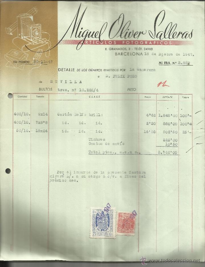 Alte Rechnungen: FACTURA DE MIGUEL OLIVER SALLERAS. ART&Iacute;CULOS FOTOGR&Aacute;FICOS. BARCELONA. 1947