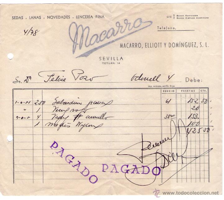 Alte Rechnungen: FACTURA DE MACARRO, ELLIOTT Y DOMINGUEZ, S. L. SEVILLA. 1951.