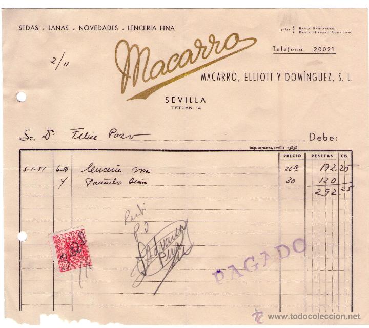 Alte Rechnungen: FACTURA DE MACARRO, ELLIOTT Y DOMINGUEZ, S. L. SEVILLA. 1951.