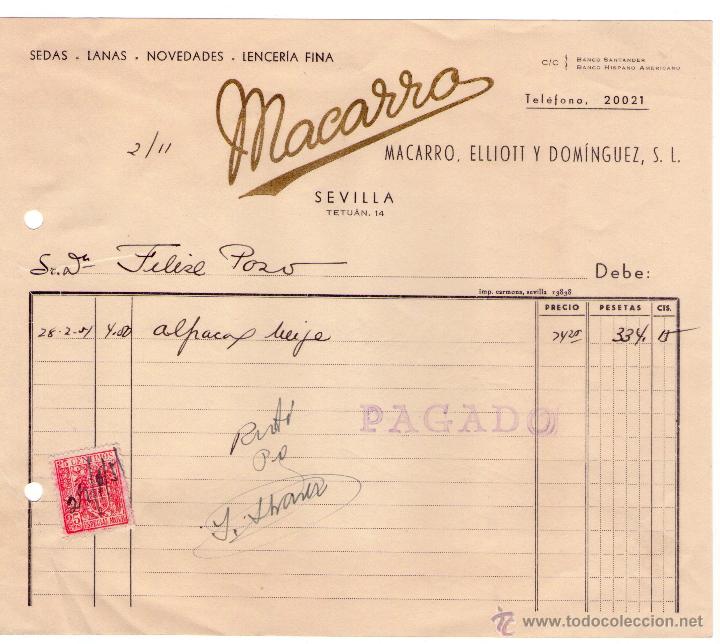 Alte Rechnungen: FACTURA DE MACARRO, ELLIOTT Y DOMINGUEZ, S. L. SEVILLA. 1951.
