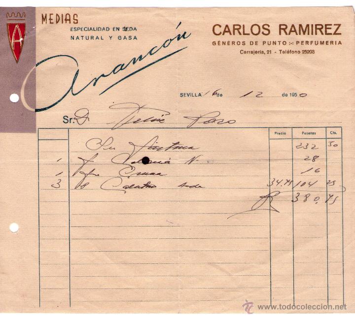 Alte Rechnungen: FACTURA DE CARLOS RAMIREZ. ARANC&Oacute;N. G&Eacute;NEROS DE PUNTO - PERFUMER&Iacute;A. SEVILLA. 1950.