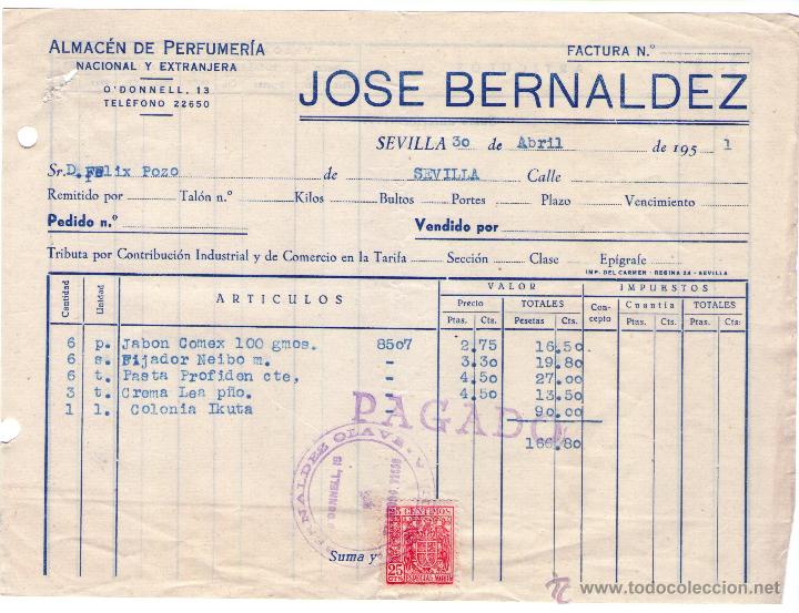 Fatture antiche: FACTURA DE JOS&Eacute; BERNALDEZ. ALMAC&Eacute;N DE PERFUMER&Iacute;A. SEVILLA. 1951.