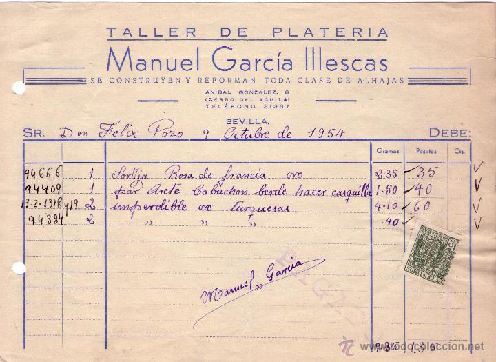 Fatture antiche: FACTURA DE MANUEL GARC&Iacute;A ILLESCAS. TALLER DE PLATER&Iacute;A. SEVILLA. 1954.