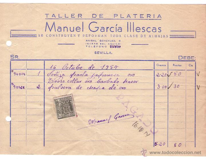 Fatture antiche: FACTURA DE MANUEL GARC&Iacute;A ILLESCAS. TALLER DE PLATER&Iacute;A. SEVILLA. 1954.