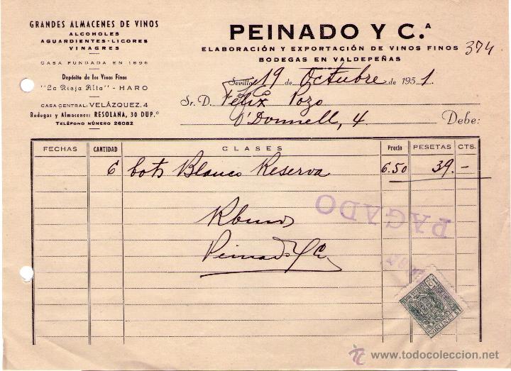 Fatture antiche: FACTURA DE PEINADO Y Ci&ordf;. ELABORACI&Oacute;N Y EXPORTACI&Oacute;N DE VINOS FINOS. SEVILLA. 1951.