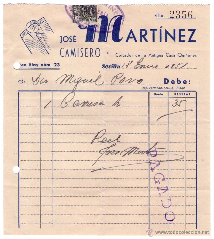Fatture antiche: FACTURA DE JOS&Eacute; MARTINEZ. CAMISERO. SEVILLA. 1951.