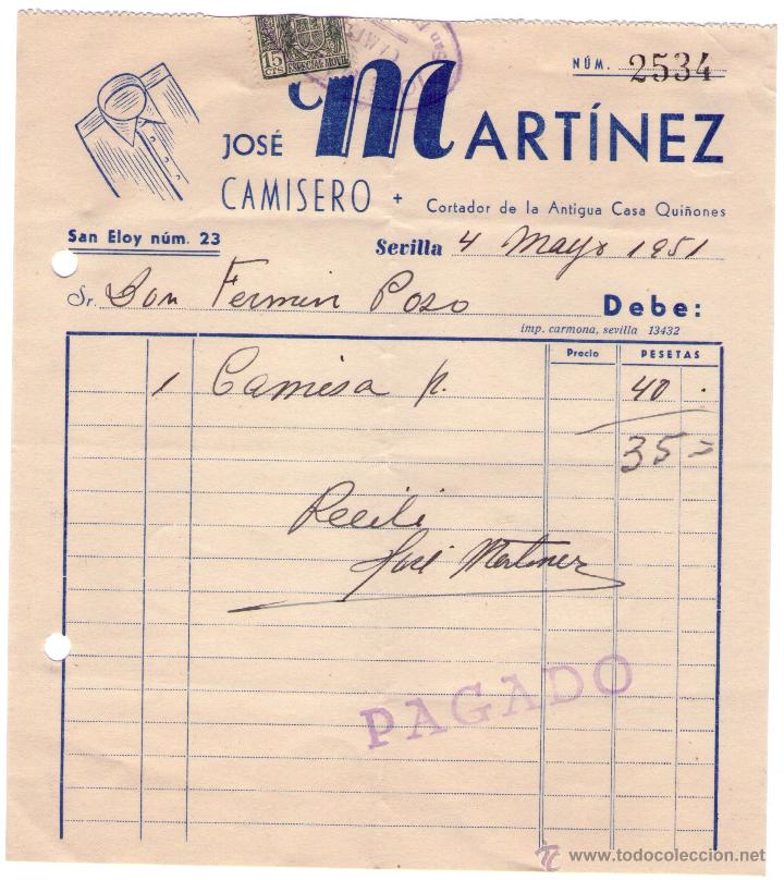Fatture antiche: FACTURA DE JOS&Eacute; MARTINEZ. CAMISERO. SEVILLA. 1951.