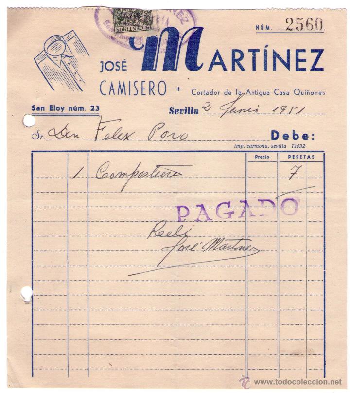 Fatture antiche: FACTURA DE JOS&Eacute; MARTINEZ. CAMISERO. SEVILLA. 1951.