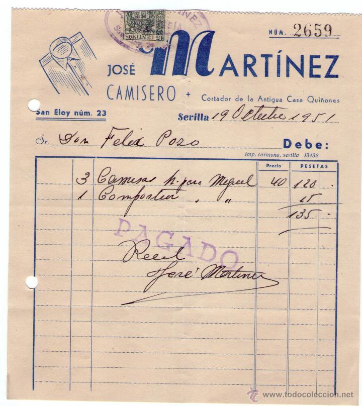 Fatture antiche: FACTURA DE JOS&Eacute; MARTINEZ. CAMISERO. SEVILLA. 1951.