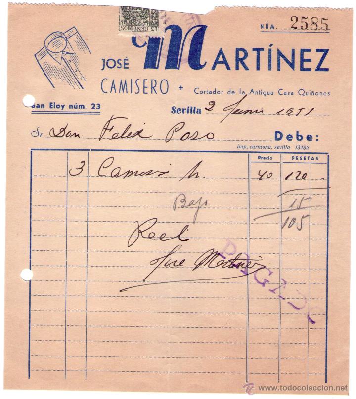 Fatture antiche: FACTURA DE JOS&Eacute; MARTINEZ. CAMISERO. SEVILLA. 1951.