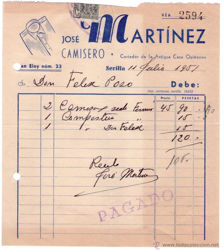 Fatture antiche: FACTURA DE JOS&Eacute; MARTINEZ. CAMISERO. SEVILLA. 1951.
