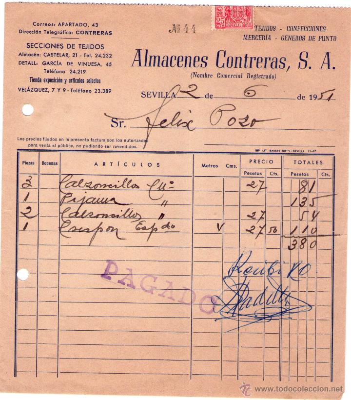 Fatture antiche: FACTURA DE ALMACENES CONTRERAS, S.A. TEJIDOS- CONFECCIONES- MERCER&Iacute;A- GENEROS DE PUNTO.SEVILLA. 1951