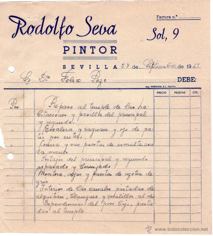 Fatture antiche: FACTURA DE RODOLFO SEVA. PINTOR. SEVILLA. 1951.
