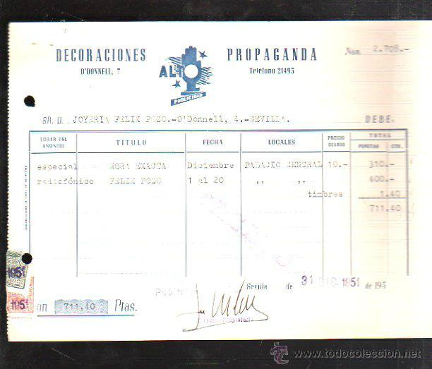 Alte Rechnungen: FACTURA. PUBLICIDAD. DECORACIONES, PROPAGANDA. ALTO. SEVILLA. 1951