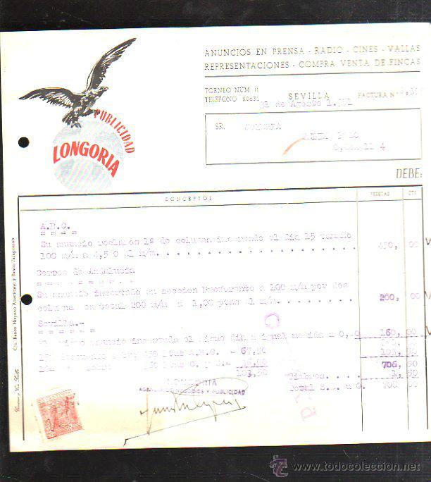 Alte Rechnungen: FACTURA. PUBLICIDAD. LONGORIA. ANUNCIOS EN PRENSA. HUELVA. JOYERIA. 1951