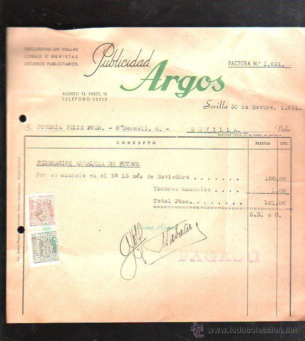 Alte Rechnungen: FACTURA. PUBLICIDAD. ARGOS. CINES Y REVISTAS. SEVILLA. 1951