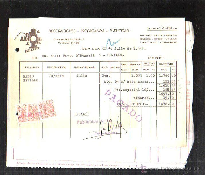 Alte Rechnungen: FACTURA. PUBLICIDAD. DECORACIONES, PROPAGANDA. ALTO. SEVILLA. 1951
