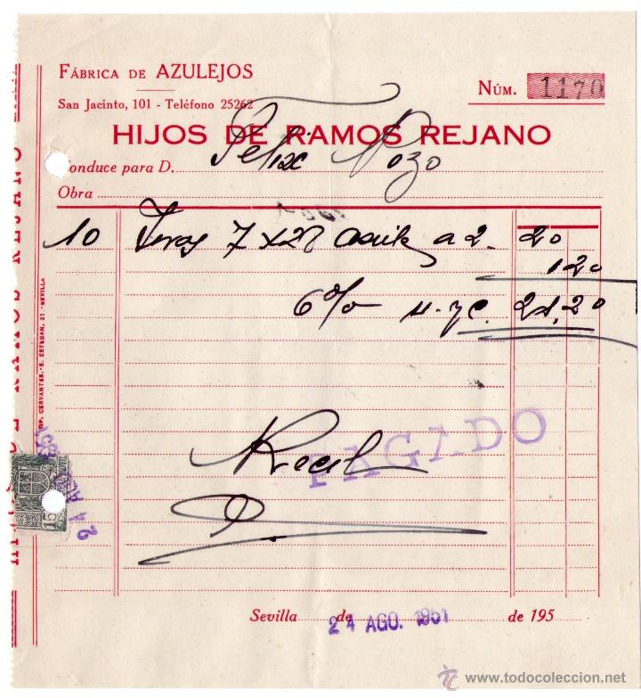 Facturas antiguas: FACTURA DE HIJOS DE RAMOS REJANO. F&Aacute;BRICA DE AZULEJOS. SEVILLA. 1951.