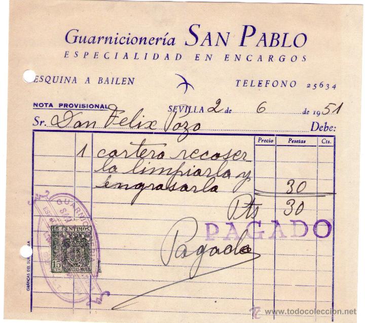 Facturas antiguas: FACTURA DE GUARNICIONER&Iacute;A SAN PABLO. SEVILLA. 1951.