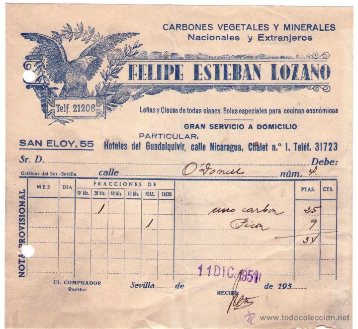 Facturas antiguas: FACTURA DE FELIPE ESTEBAN LOZANO.F&Aacute;BRICA DE CARBONES VEGETALES Y MINERALES. SEVILLA. 1951.